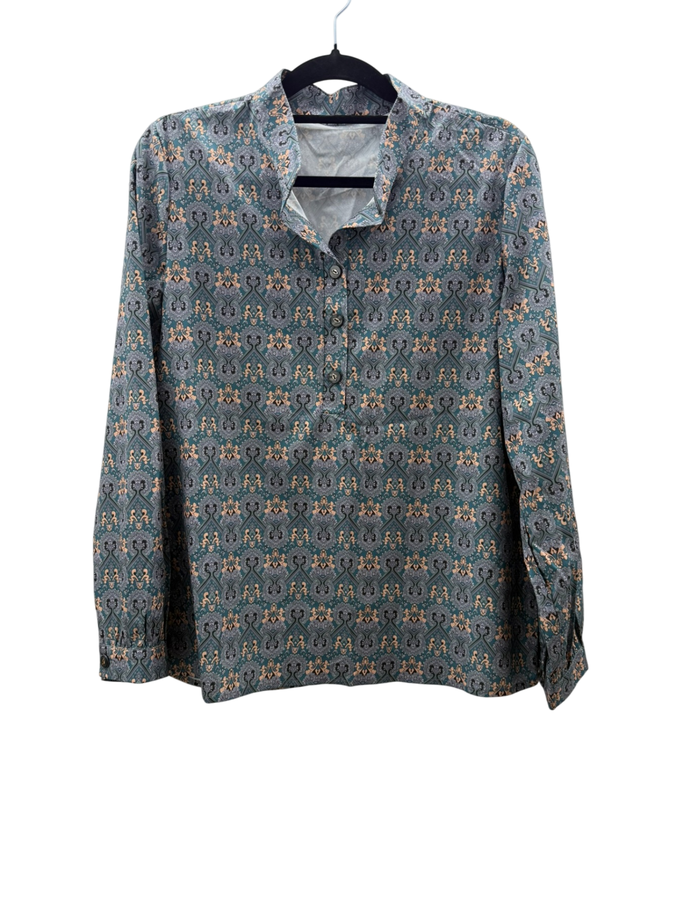 Bluse L Bunt mit Floral-Design in Blau, Grau und Beige