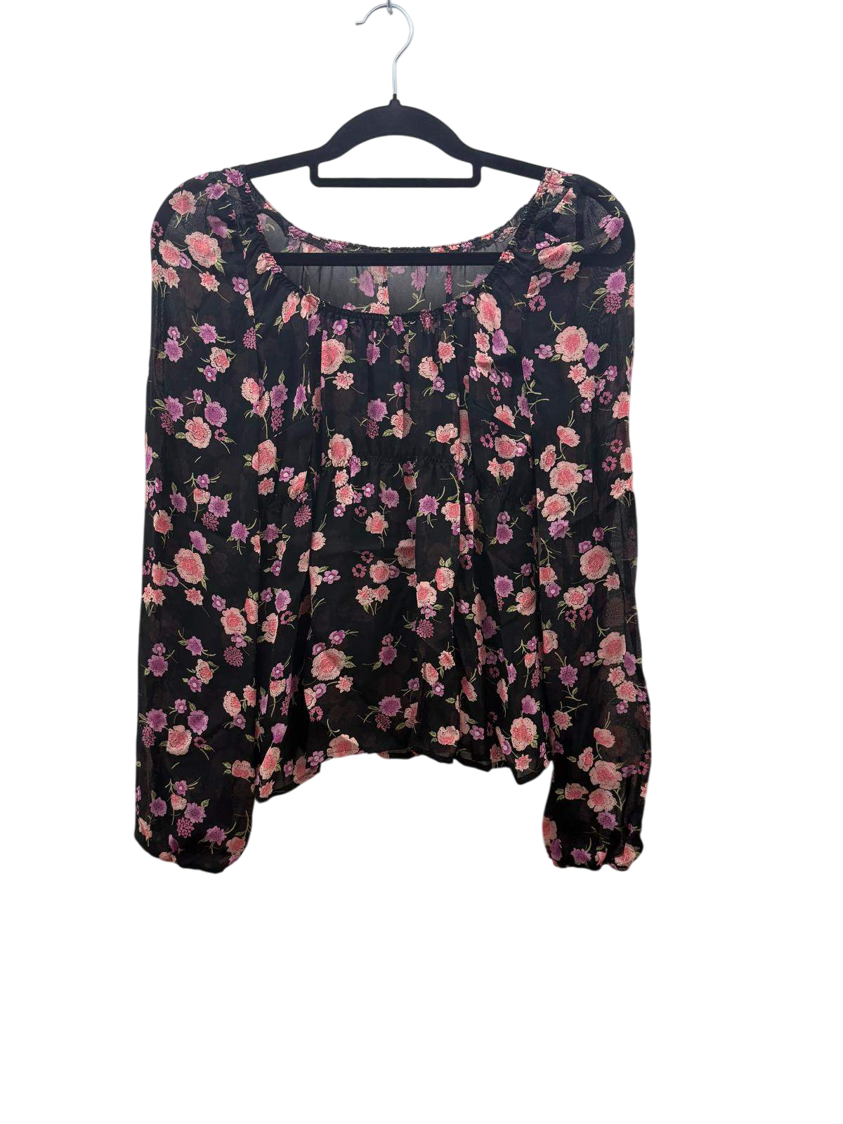 Top M Schwarz mit rosa und lilafarbenen Blumenmuster