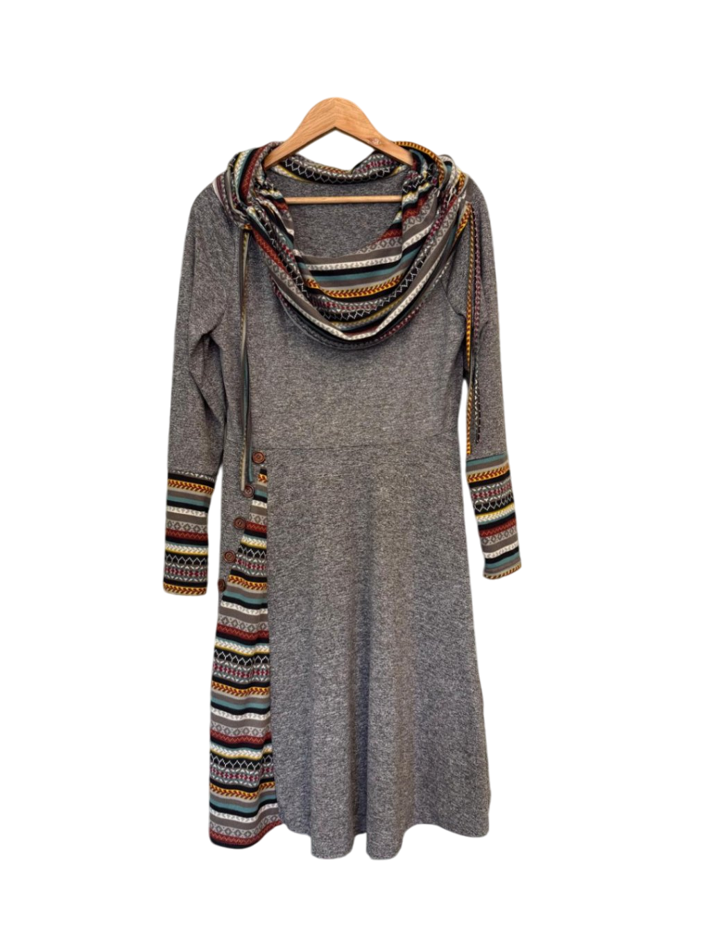 L Grau mit buntem Mustermix Kleid