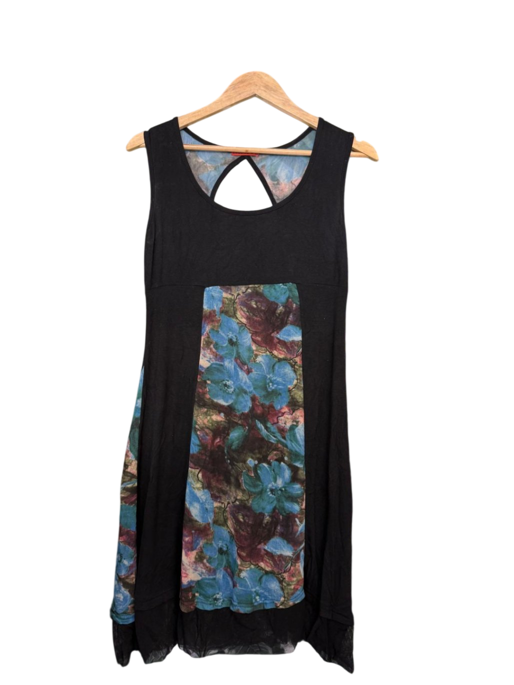 Strandkleid M-L Schwarz mit buntem Blumenmuster