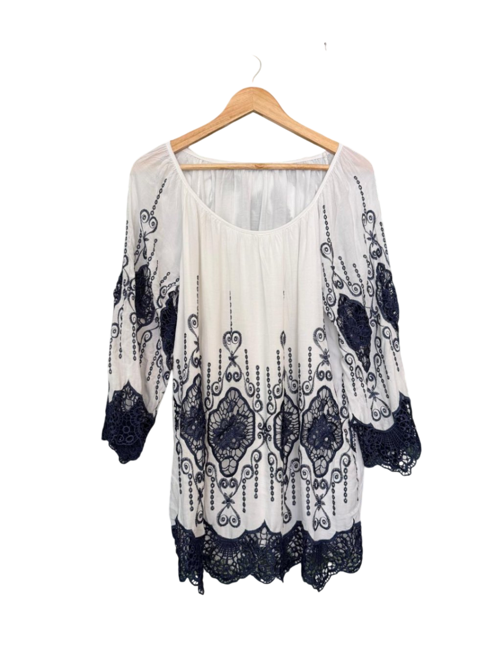 made in Italy Bluse Stickerei und Spitze M Weiß mit dunklem Muster