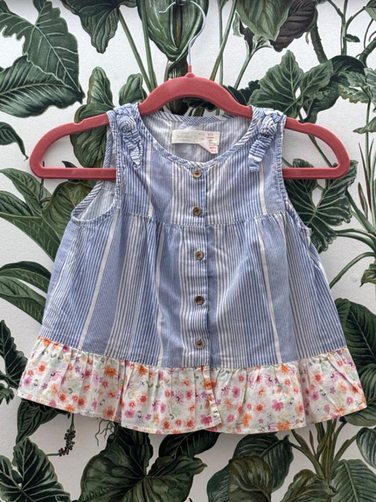 ZARA Baby - Bluse 98 Blau-Weiß gestreift mit floralem Volant