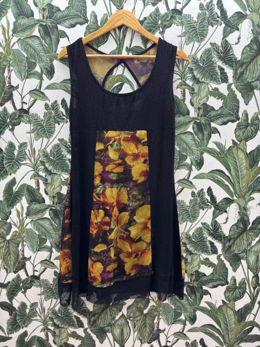 Exquiss´s Damen - Kleid M Schwarz mit floral gemustertem Mittelfeld in Gelb, Orange und Grün