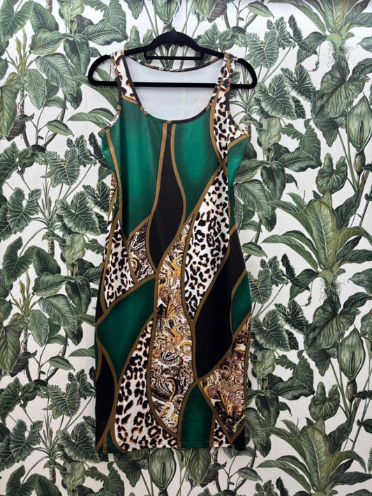 Damen - Kleid L Grün, Schwarz, Weiß, Gold