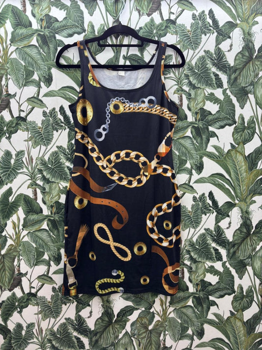 Damen - Kleid L Schwarz mit Gold, Weiß, Braun