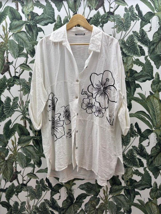 made in Italy Damen - Bluse XL Weiß mit schwarzer Blumenstickerei