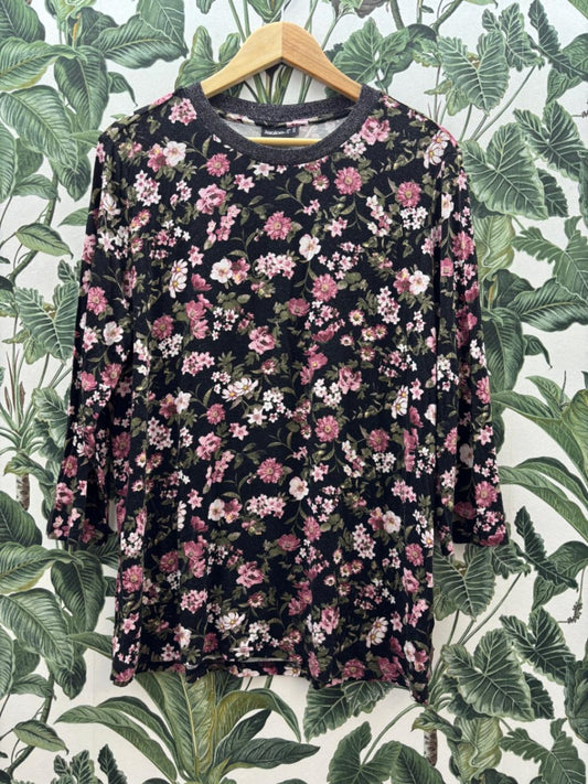 Janina Damen - Top 2XL Schwarz mit rosa und weißen Blumenmuster