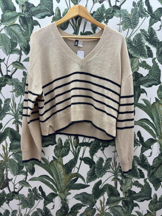 H&M Damen - Pullover L Beige mit schwarzen Streifen