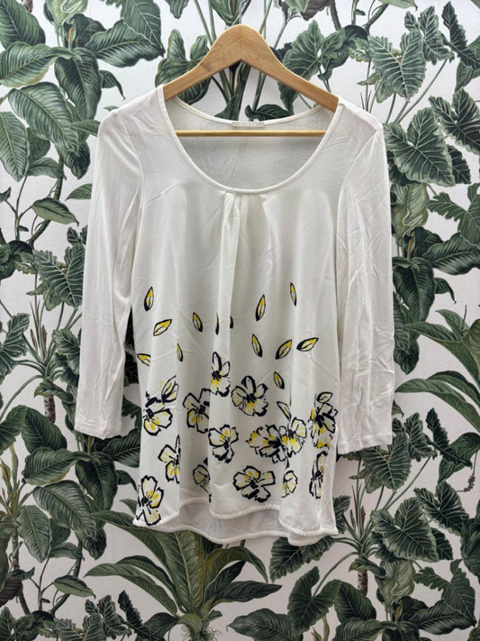 orsay Damen - Top S Weiß mit schwarzer und gelber Blumenmuster