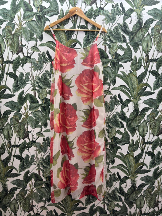 Jones Damen - Kleid XL Weiß mit rotem Rosenmuster
