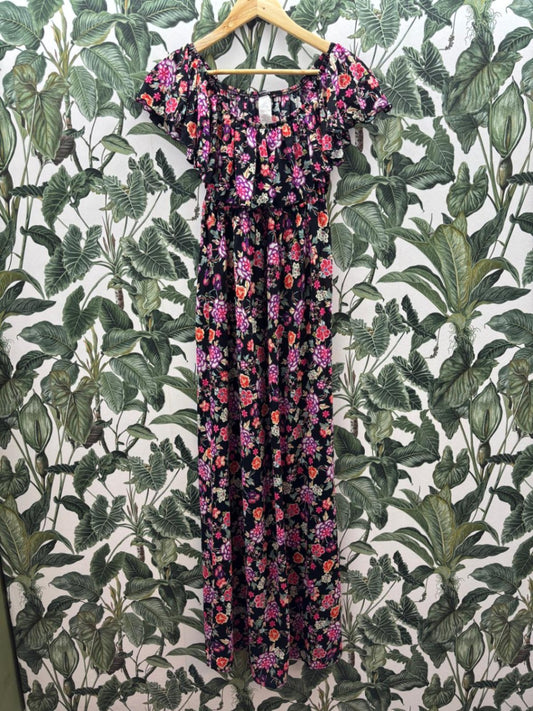 Calzedonia Damen - Kleid M Schwarz mit bunten Blumenmustern