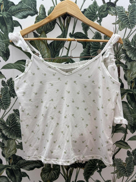 Sommerpyjama M-L Weiß mit grünen Mustern