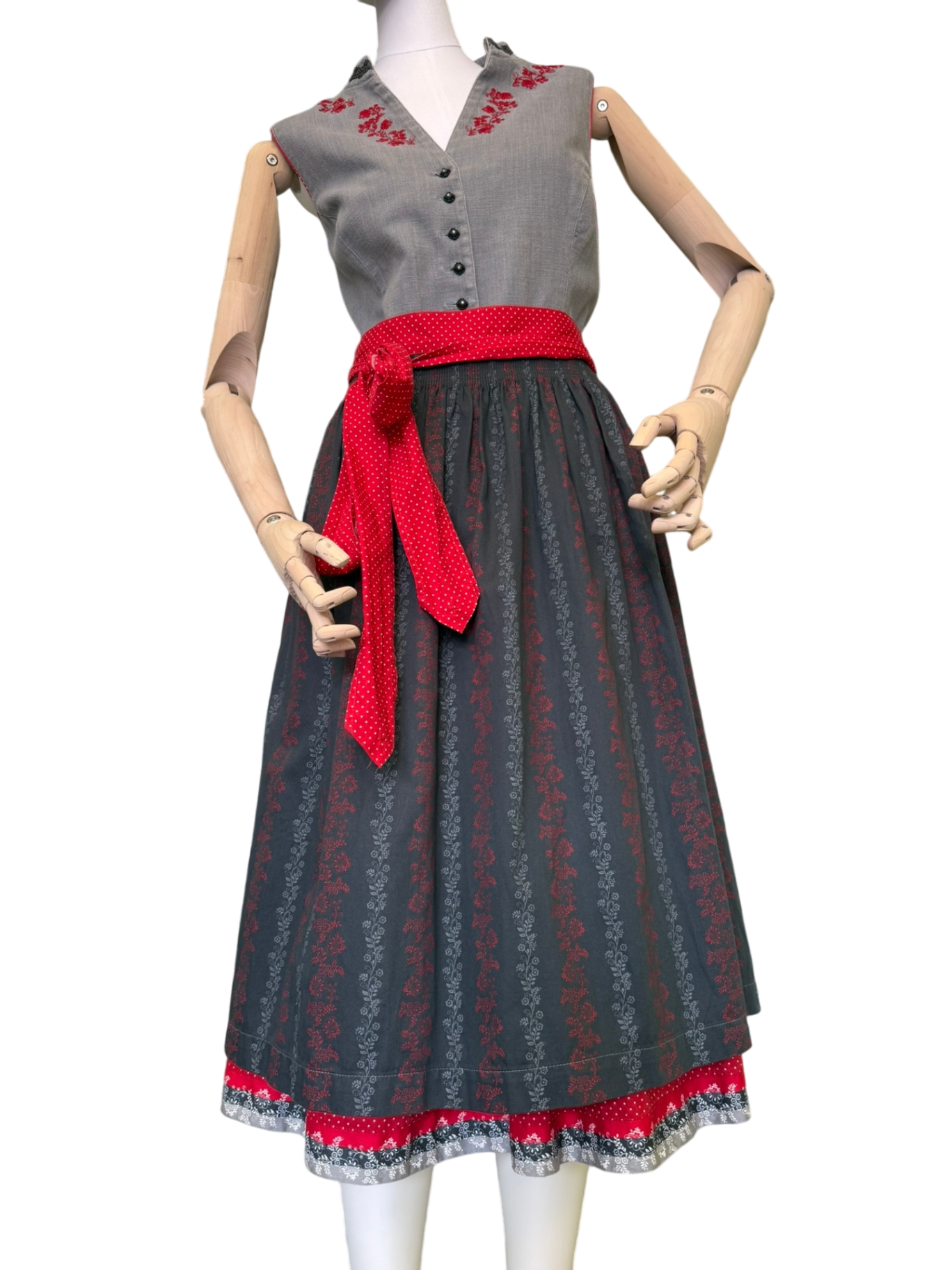 Alpina Dirndl mit roter Stickerei XL Grau, Rot, Schwarz