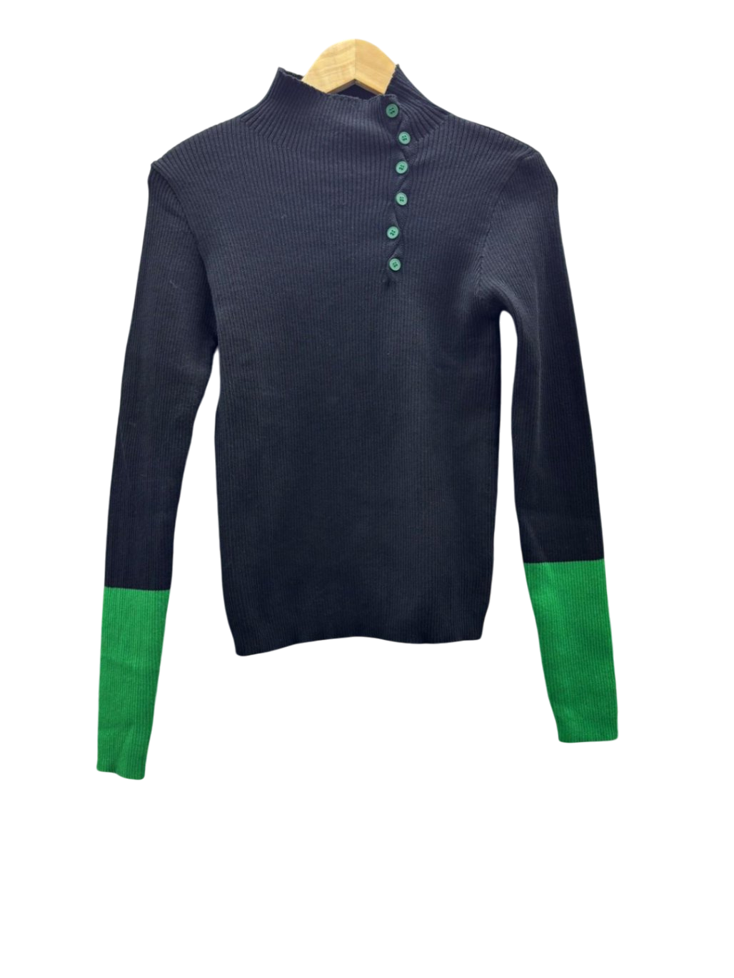 Damen - Pullover L Schwarz mit grünen Ärmeln