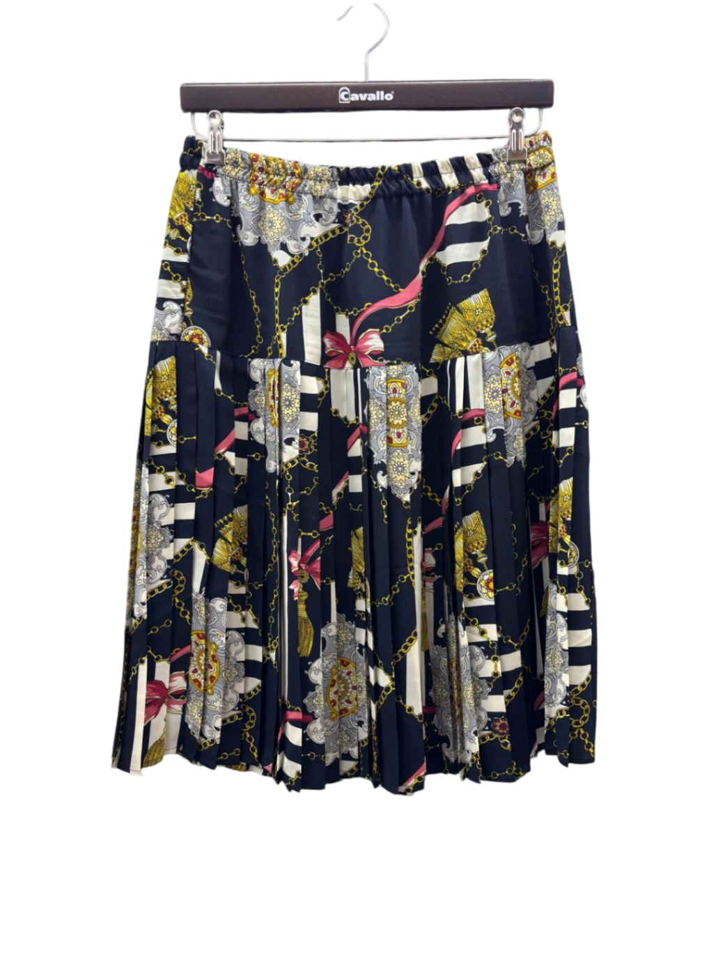 made in Italy Damen - Bluse&Rock L Dunkelblau mit Mustern in Gelb, Weiß, Pink und Grau