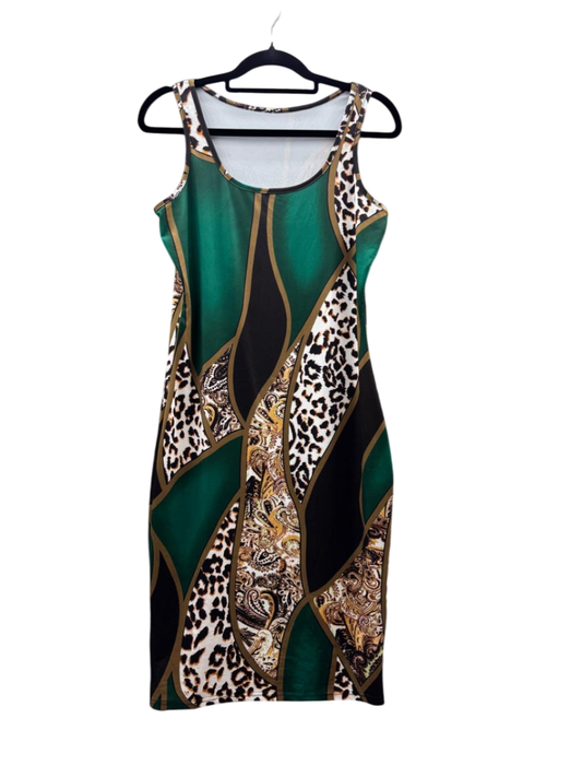 Damen - Kleid L Grün, Schwarz, Weiß, Gold