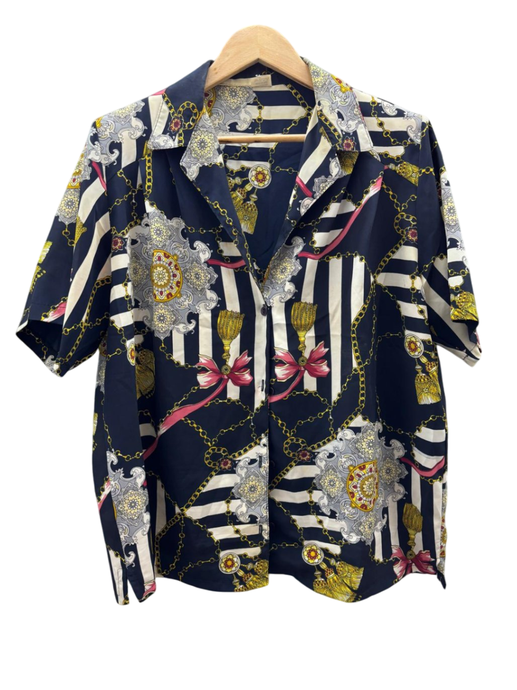 made in Italy Damen - Bluse&Rock L Dunkelblau mit Mustern in Gelb, Weiß, Pink und Grau