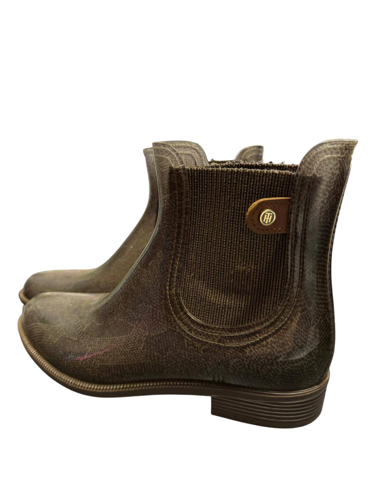 Tommy Hilfiger Gummi 39 Grau Grün mit Monogramm-Print Gummistiefletten