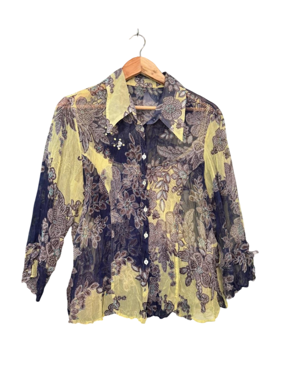 Seasons Bluse mit Top 2XL Gelb und dunkelblau mit floralem Muster