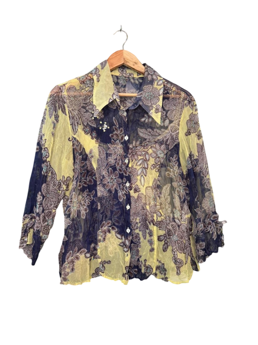Seasons Bluse mit Top 2XL Gelb und dunkelblau mit floralem Muster