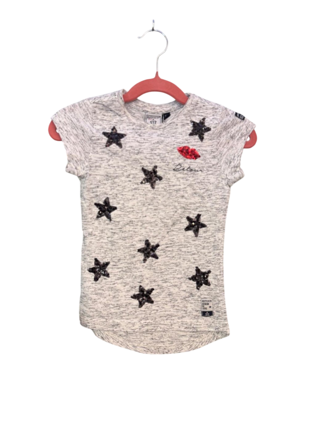 T-Shirt 86-92 Grau mit schwarzen Sternen und roten Lippen-Details