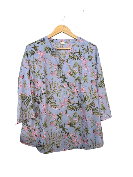 Bluse 2XL Hellblau mit floralem Muster in Pink und Grün