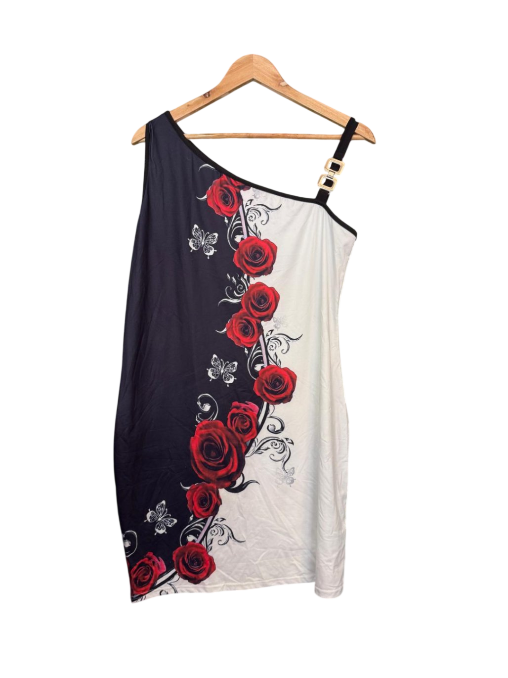 Kleid L-XL Weiß Schwarz mit Rosen