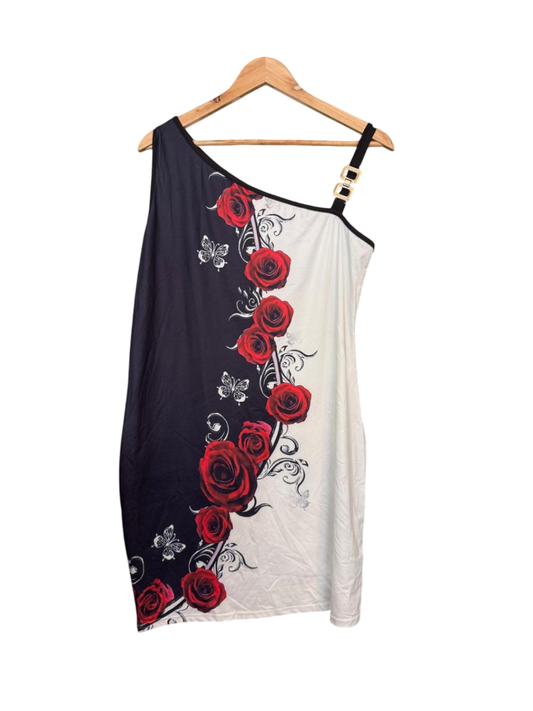 Kleid L-XL Weiß Schwarz mit Rosen