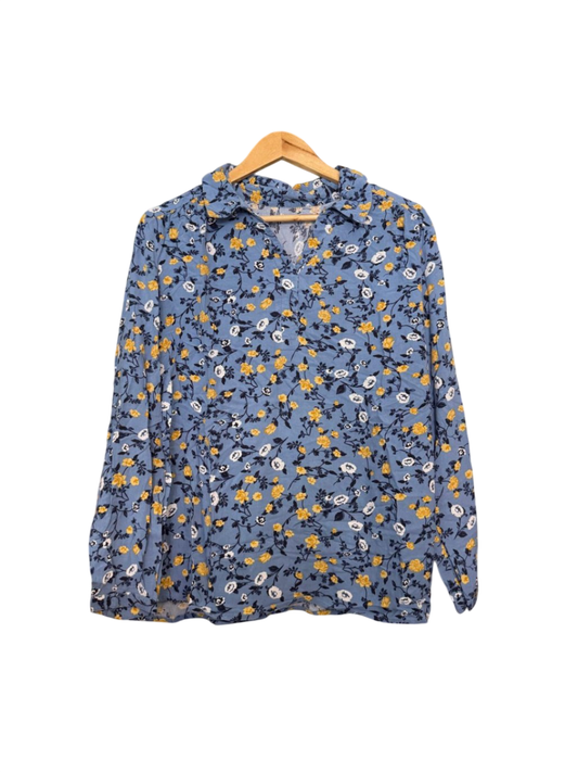 Bluse XL Blau mit gelben und weißen Blumenmuster