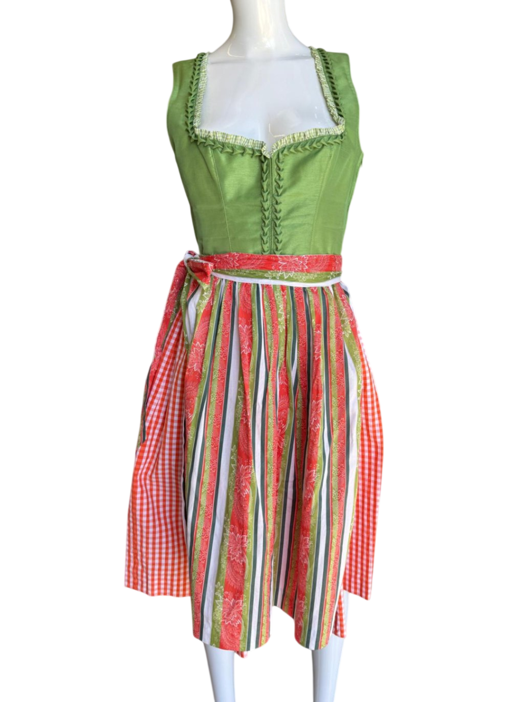 Landhaus Dirndl XS Grün, Rot, Weiß, Gestreift und Mustert