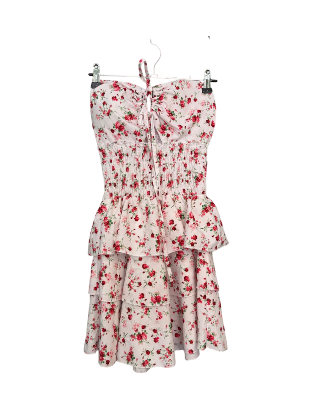 Kleid XS Weiß mit rotem Blumenmuster
